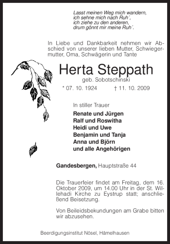 Todesanzeige von Herta Steppath von KREISZEITUNG SYKE