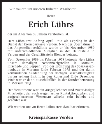 Todesanzeige von Erich Lührs von KRZ