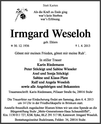 Todesanzeige von Irmgard Weseloh von KRZ
