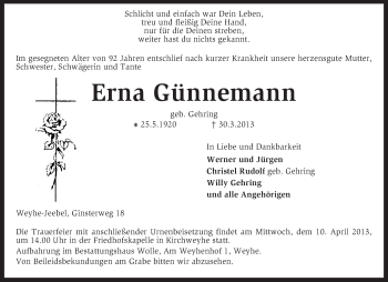 Todesanzeige von Erna Günnemann von KRZ
