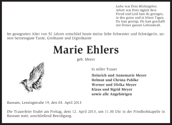 Todesanzeige von Marie Ehlers von KRZ