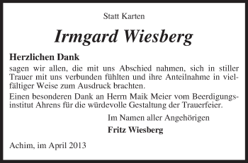 Todesanzeige von Irmgard Wiesberg von KRZ