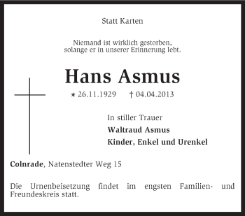 Todesanzeige von Hans Asmus von KRZ