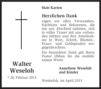 Todesanzeige von Walter Weseloh von KRZ