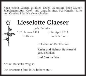 Todesanzeige von Lieselotte Glaeser von KRZ