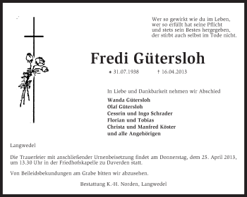 Todesanzeige von Fredi Gütersloh von KRZ