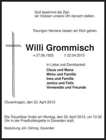 Todesanzeige von Willi Grommisch von KRZ