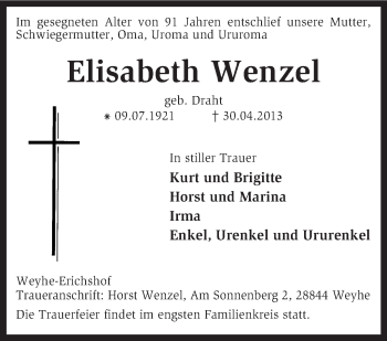 Todesanzeige von Elisabeth Wenzel von KRZ