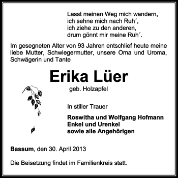 Todesanzeige von Erika Lüer von KRZ