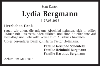 Todesanzeige von Lydia Bergmann von KRZ