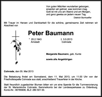 Todesanzeige von Peter Baumann von KRZ
