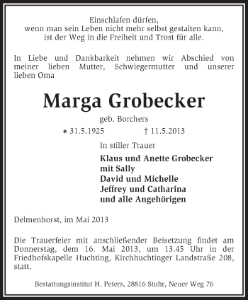 Todesanzeige von Marga Grobecker von KRZ