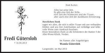 Todesanzeige von Fredi Gütersloh von KRZ