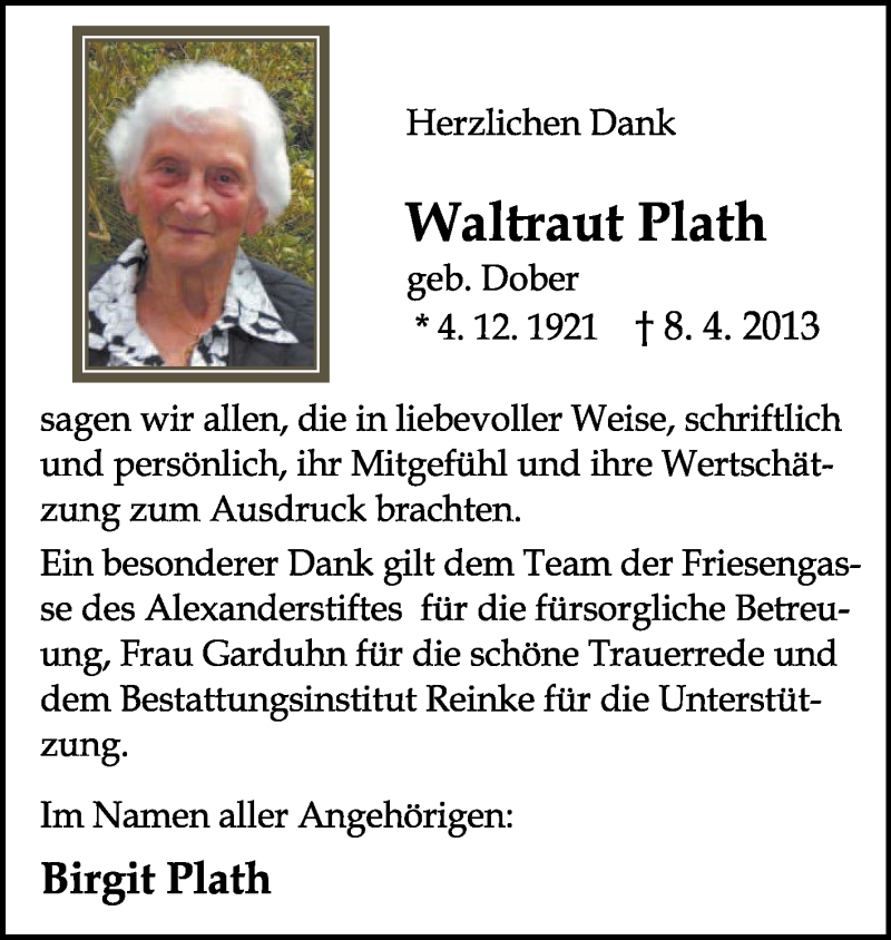  Traueranzeige für Waltraut Plath vom 18.05.2013 aus KRZ