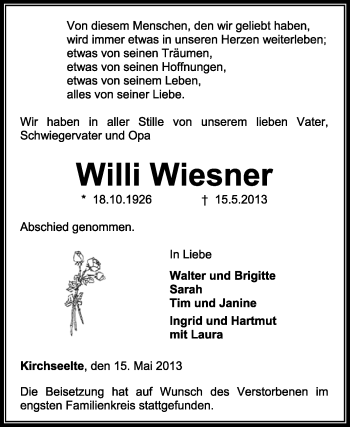 Todesanzeige von Willi Wiesner von KRZ