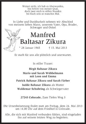 Todesanzeige von Manfred Baltasar Zikura von KRZ
