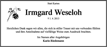 Todesanzeige von Irmgard Weseloh von KRZ