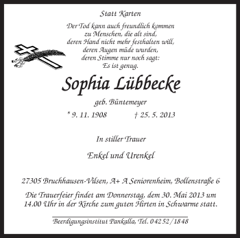 Todesanzeige von Sophia Lübbecke von KRZ