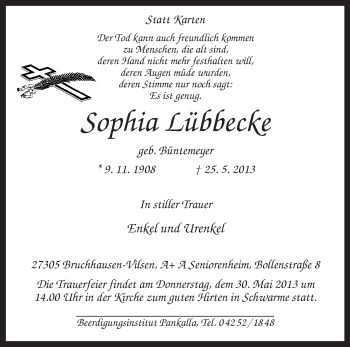 Todesanzeige von Sophia Lübbecke von KRZ