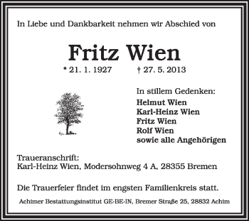 Todesanzeige von Fritz Wien von KRZ
