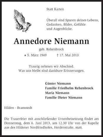 Todesanzeige von Annedore Niemann von KRZ