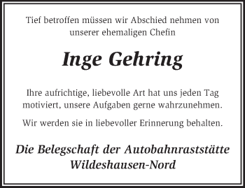 Todesanzeige von Inge Gehring von KRZ