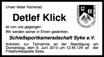 Todesanzeige von Detlef Klick von KRZ