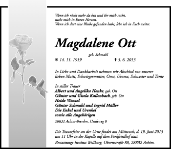 Todesanzeige von Magdalene Ott von KRZ