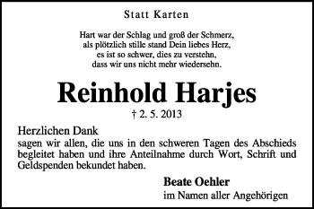 Todesanzeige von Reinhold Harjes von KRZ