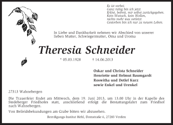 Todesanzeige von Theresia Schneider von KRZ