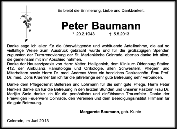 Todesanzeige von Peter Baumann von KRZ