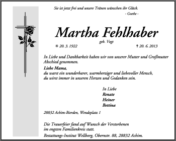 Todesanzeige von Martha Fehlhaber von KRZ