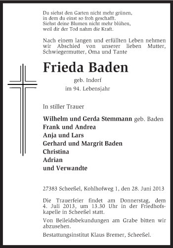 Todesanzeige von Frieda Baden von KRZ