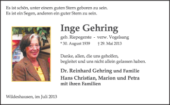 Todesanzeige von Inge Gehring von KRZ