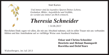 Todesanzeige von Theresia Schneider von KRZ