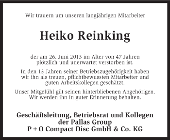 Todesanzeige von Heiko Reinking von KRZ