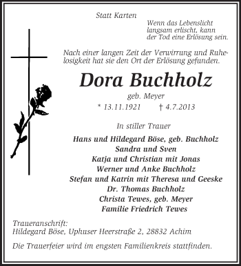 Todesanzeige von Dora Buchholz von KRZ