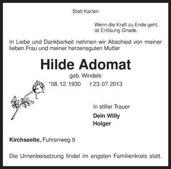 Todesanzeige von Hilde Adomat von KRZ