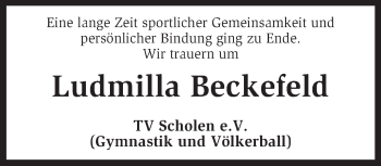 Todesanzeige von Ludmilla Beckefeld von KRZ