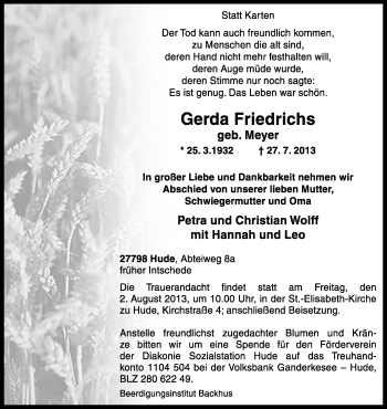 Todesanzeige von Gerda Friedrichs von KRZ