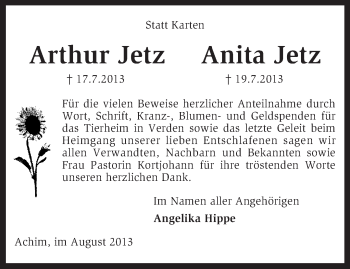 Todesanzeige von Arthur und Anita Jetz von KRZ