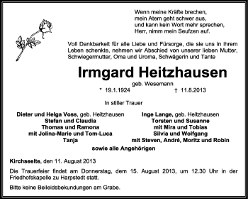 Todesanzeige von Irmgard Heitzhausen von KRZ