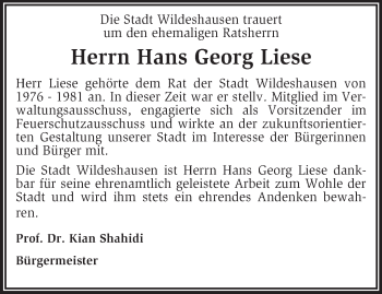 Todesanzeige von Hans Georg Liese von KRZ
