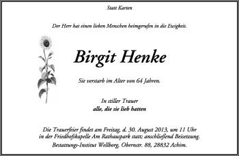 Todesanzeige von Birgit Henke von KRZ