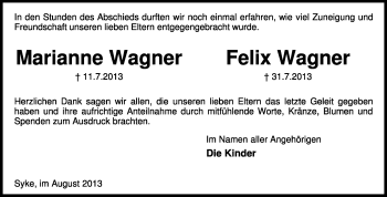 Todesanzeige von Marianne und Felix Wagner von KRZ