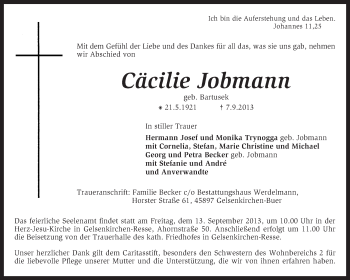 Todesanzeige von Cäcilie Jobmann von KRZ