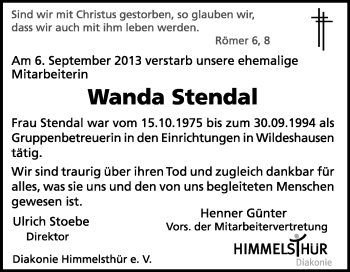 Todesanzeige von Wanda Stendal von KRZ