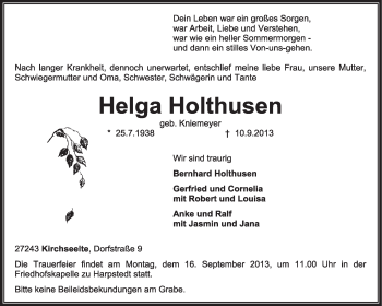 Todesanzeige von Helga Holthusen von KRZ