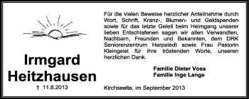 Todesanzeige von Irmgard Heitzhausen von KRZ