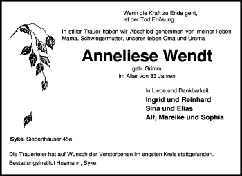 Todesanzeige von Anneliese Wendt von KRZ
